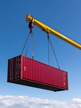 A crane is lifting a red container
