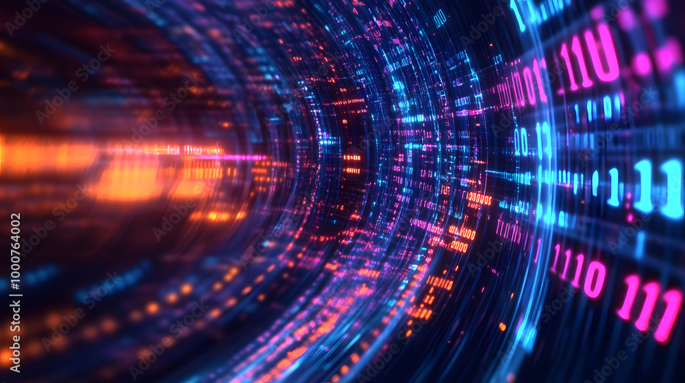 Poster abstract digital data stream with glowing lines and numbers, representing fast internet connection, 