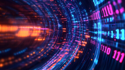 Obraz premium Abstract digital data stream with glowing lines and numbers, representing fast internet connection, technology, data flow, and digital world.