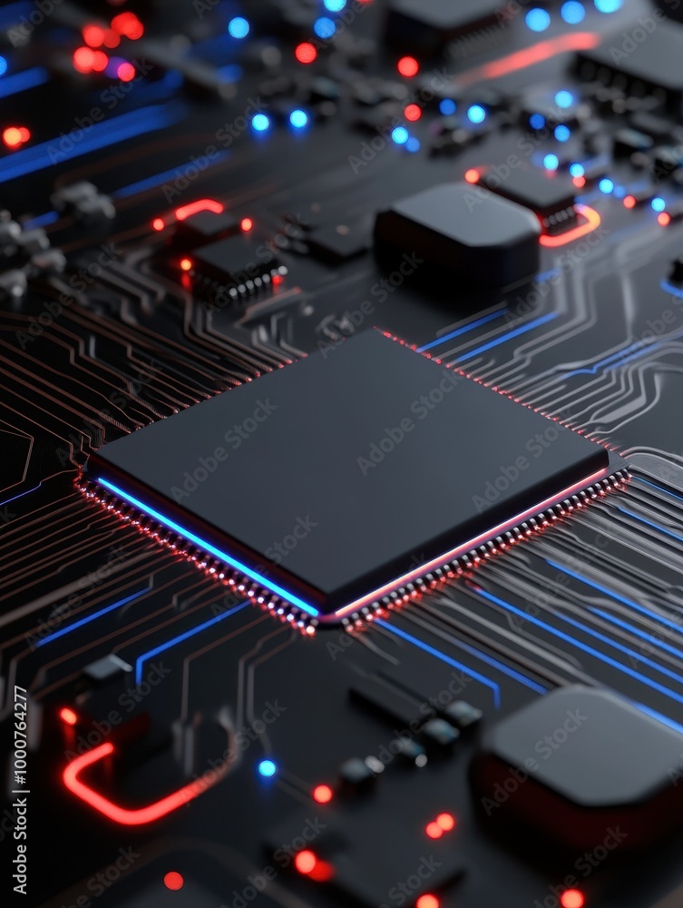 Aufkleber a close up of a computer chip with a blue and red glow