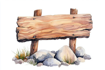 A rustic wooden sign stands on sturdy posts, surrounded by smooth stones and tufts of grass, evoking sense of nature and tranquility