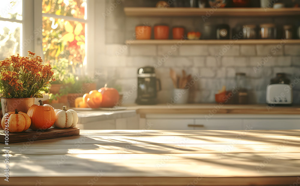 Canvas Prints table in rustic autumn kitchen with sunlight and copy space