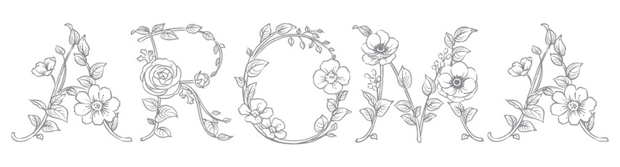 お花のスケッチ風、デザイン文字で作ったAROMA。ベクター素材。