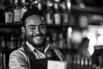 A smiling bartender stands behind the counter in a bar, ready to serve customers. He is wearing a white shirt and an apron, with a beard and mustache.