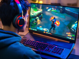 Gamer Immersed in Multiplayer Video Game on Laptop with Headset