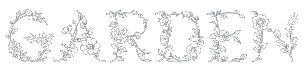 お花のスケッチ風、デザイン文字で作ったGARDEN。ベクター素材。