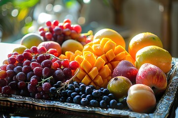 Colorful fruit assortment on silver platter in sunlight