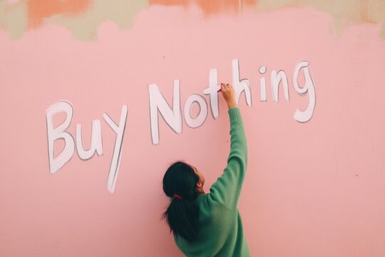 Conceptual Shot of Woman Painting 'Buy Nothing' on Pink Wall - Social Commentary, Minimalist Art