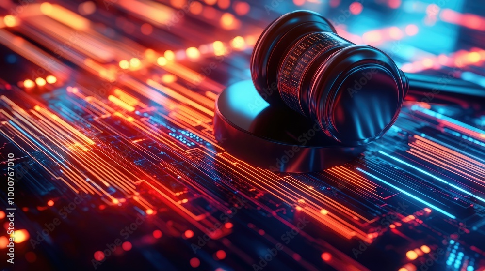 Poster gavel lying on a glowing technology background with abstract digital elements, representing justice 