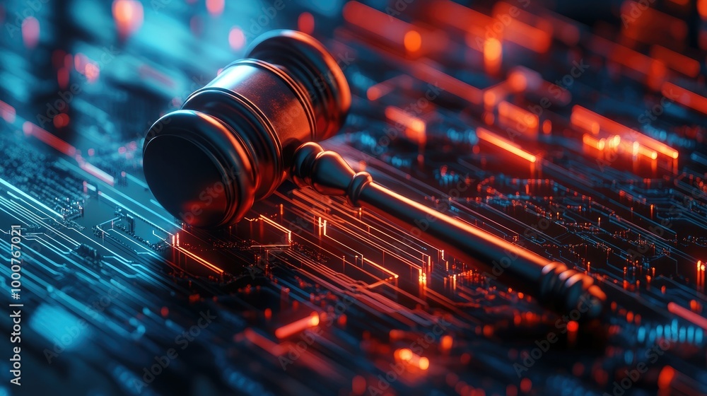 Poster gavel lying on a glowing technology background with abstract digital elements, representing justice 