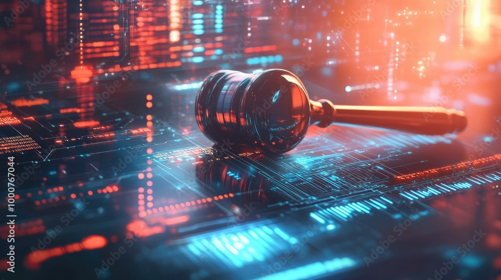 Poster gavel lying on a glowing technology background with abstract digital elements, representing justice 