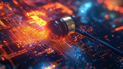 Gavel lying on a glowing technology background with abstract digital elements, representing justice in the modern tech age