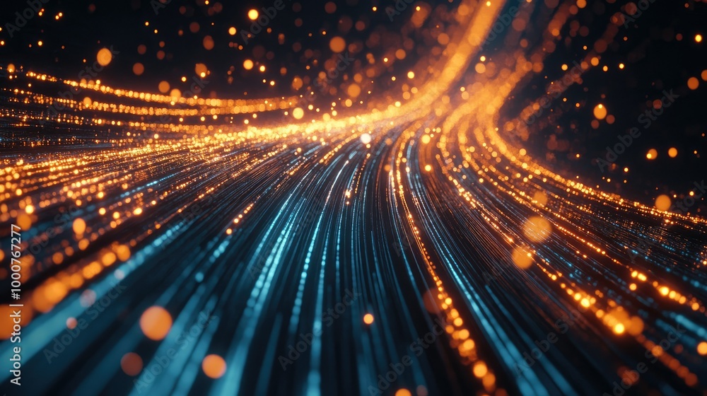 Poster glowing lines of data moving rapidly across a dark space, illustrating high-speed internet and fiber