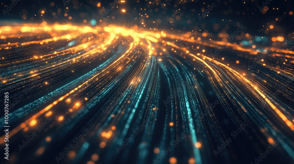 Poster glowing lines of data moving rapidly across a dark space, illustrating high-speed internet and fiber