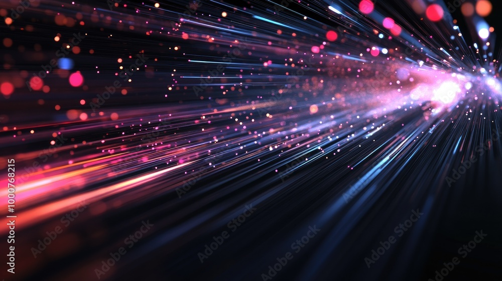 Poster high-speed data lines with optical fiber effects on a black background, showcasing fast data transfe