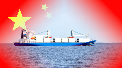 cargo ship container ship on PRC flag, China transport ship, concept of importing cargo from China...