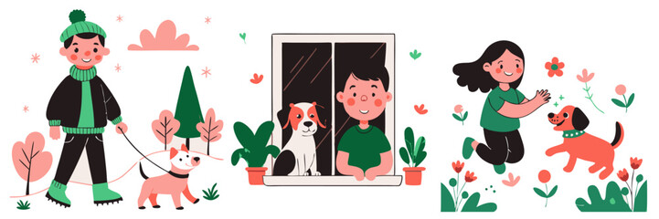 Set of colorful vector illustrations with children and dogs in flat style.Boys and girls playing with their pets.Collection of isolated on white background colorful images