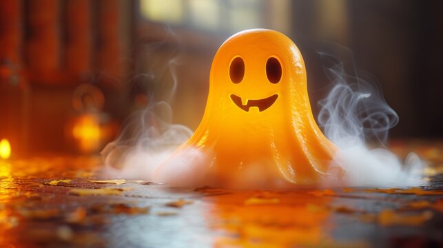A Halloween ghost is sitting in a pool of smoke