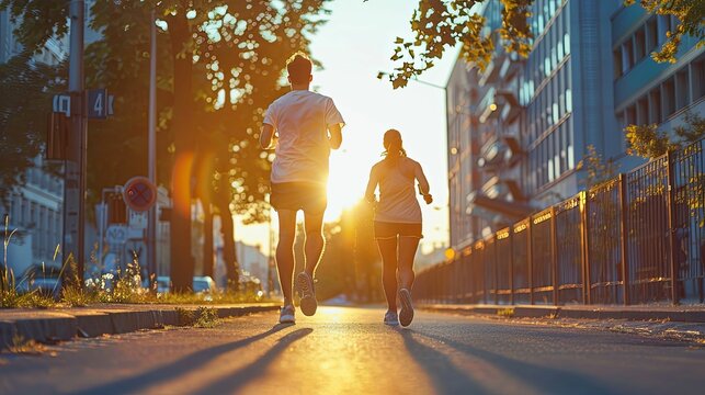 Couple Running Towards Sunset in Urban Setting
