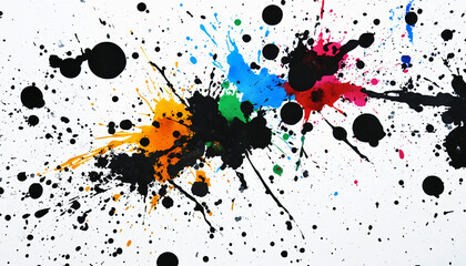 Random bursts and splatters of ink in black and white or vibrant colors, evoking a raw, artistic energy