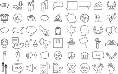 Freedom of Speech and Human rights icon set for logo and t-shirt. Thin line art editable stroke.