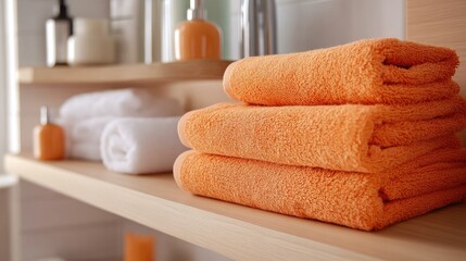 Neatly folded orange towels on a bathroom shelf, offering a vibrant splash of color and soft texture