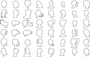 Young man, woman, girl, boy  and Human Face or Head Silhouette icon set for logo and t-shirt. Thin line art editable stroke.