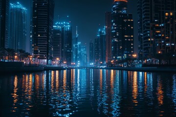 Fototapeta premium The cityscape features glowing skyscrapers and a peaceful canal reflecting dazzling lights, creating a serene atmosphere at night