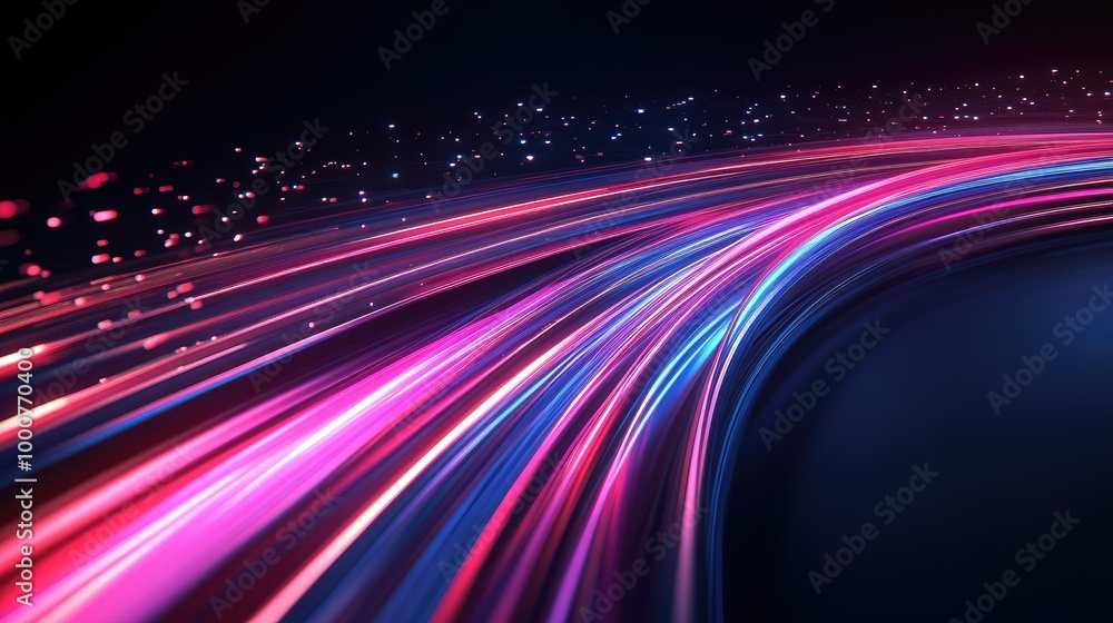 Poster optical data speed lines in motion on a dark backdrop, illustrating high-speed internet connectivity