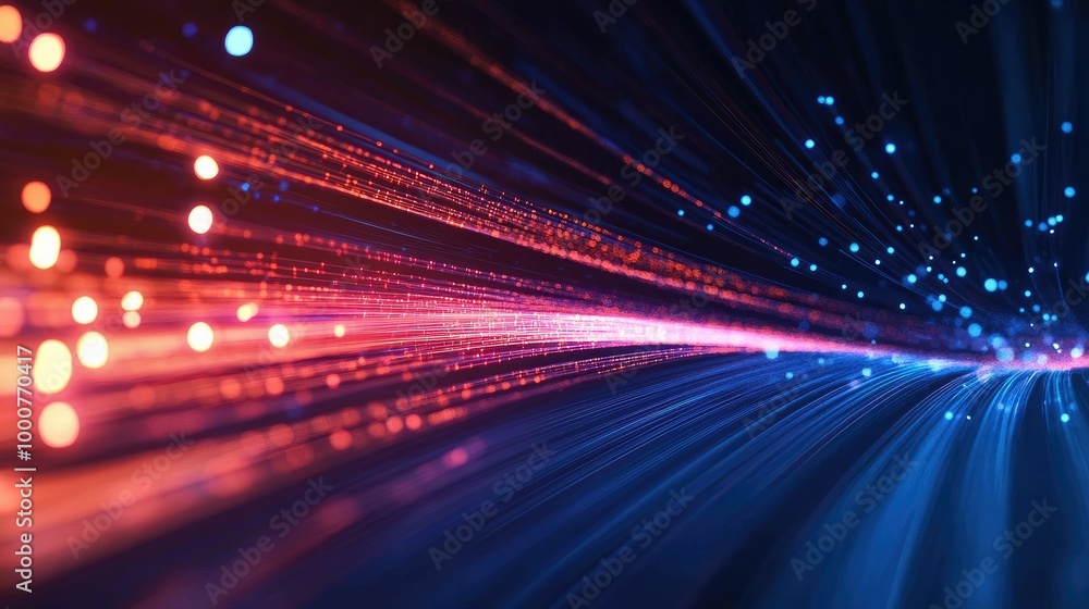 Poster optical data speed lines in motion on a dark backdrop, illustrating high-speed internet connectivity