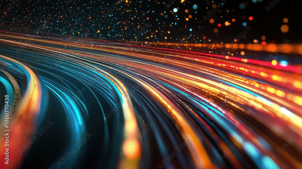 Poster optical data speed lines in motion on a dark backdrop, illustrating high-speed internet connectivity