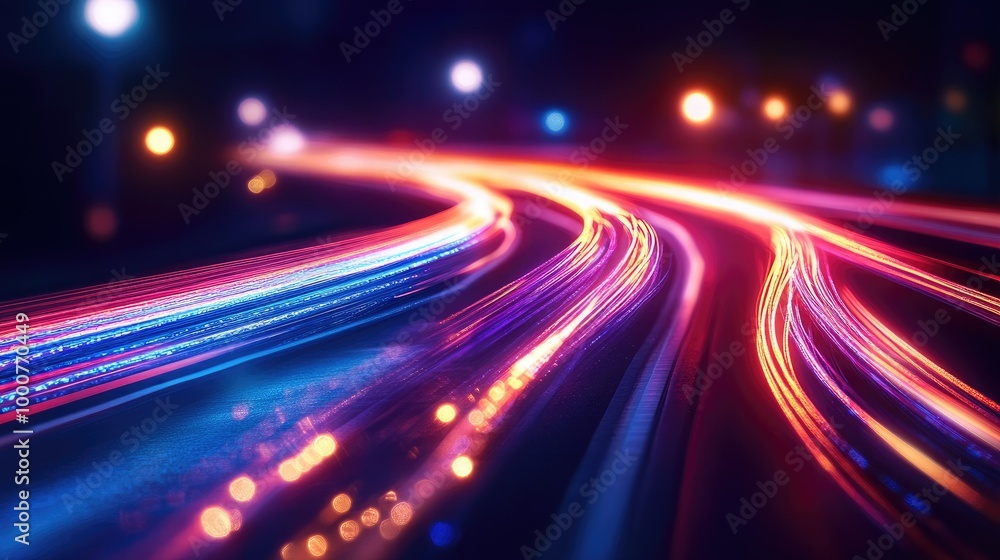 Poster optical data speed lines in motion on a dark backdrop, illustrating high-speed internet connectivity