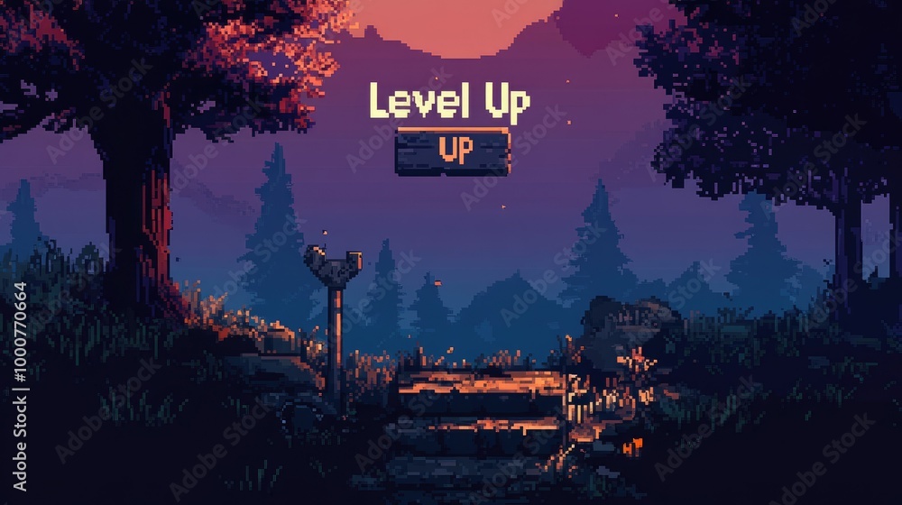 Poster pixel art scene with a bold 