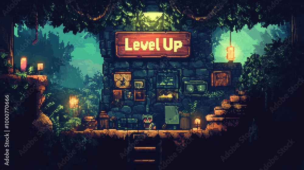 Poster pixel art scene with a bold 