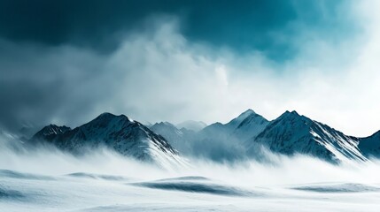 Obraz premium A blizzard raging over a mountain landscape, with snow whipping through the air, reducing visibility to near zero