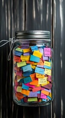 A bright, colorful gratitude jar filled with notes about things the person is thankful for,...