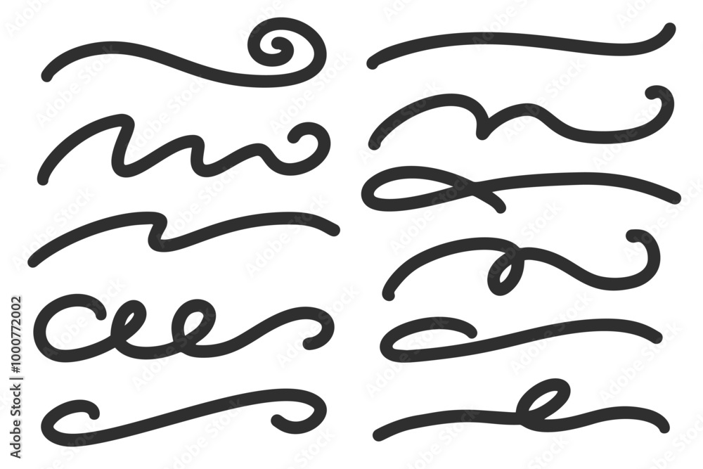 Poster swoosh vector strokes and swirl hand drawn calligraphy swashes. squiggle curly lines set. decorative