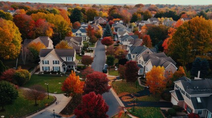 Aerial View of Fall Foliage in a Suburb