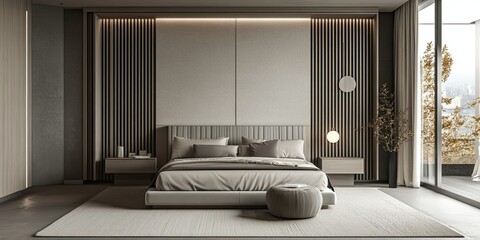 modern grey and cream bedroom with wooden vertical panels partition, elegant minimalist buffet near luxury bed 