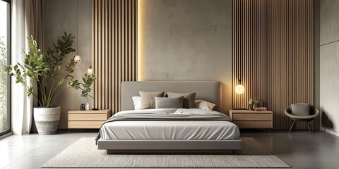 modern grey and cream bedroom with wooden vertical panels partition, elegant minimalist buffet near luxury bed 