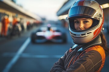 Female racer in helmet, focused before the race
