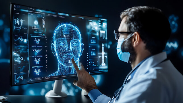A man wearing a mask is pointing at a computer monitor displaying a face - Powered by Adobe