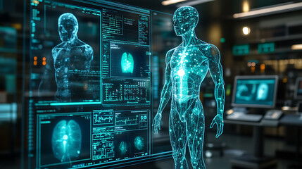 A computer monitor displays a man's body with a heart and lungs