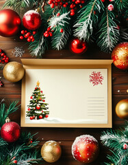 Christmas Stationery with Festive Decorations. New Year Cards with Pine Cones and Ornaments. Blank Holiday Cards with Christmas Details. Copy space