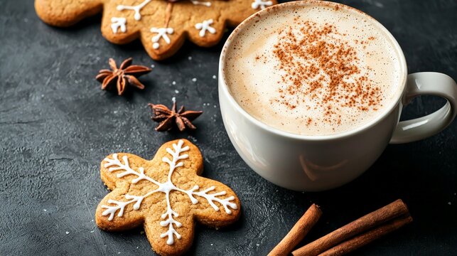 A chai latte served alongside homemade gingerbread cookies, with cinnamon sticks and cloves placed artistically on the side