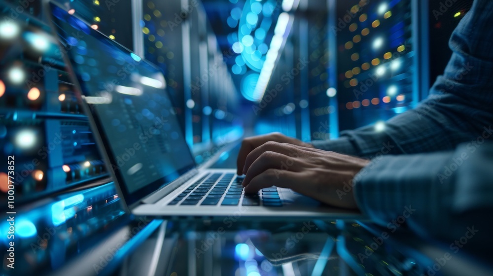 Poster A man is typing on a laptop in front of a large computer server