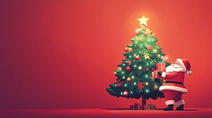 Santa Claus holding gifts and standing next to the Christmas tree