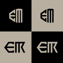 EM polygon, circle, triangle, hexagon, flat and simple letter logo set in one artboard. EM minimalist and classic logo.