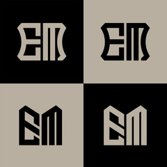 EM polygon, circle, hexagon, flat and simple letter logo set in one artboard. EM minimalist and classic logo.