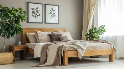 a minimalistic bedroom with a wooden bed frame, soft bedding, and lush green plants by large windows. Concept of natural, eco-friendly decor.